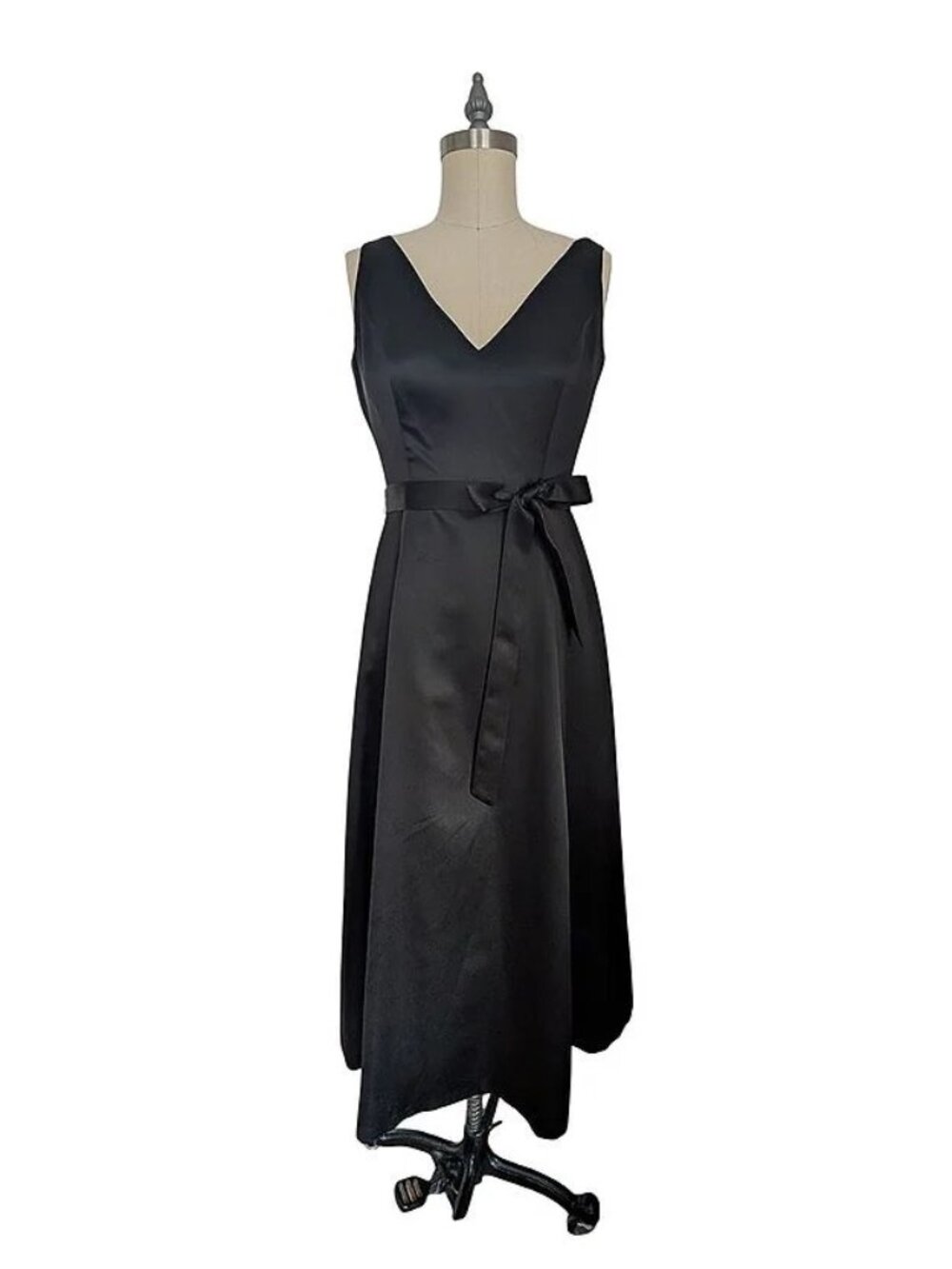 Black Satin Cocktail Dress Classic Tea Length Sz 8 Adriana Papell V Neckline